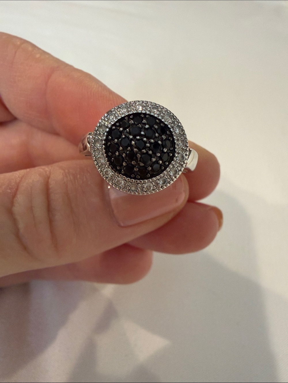 Silver Black and Clear Stone Halo Ring Sz 7